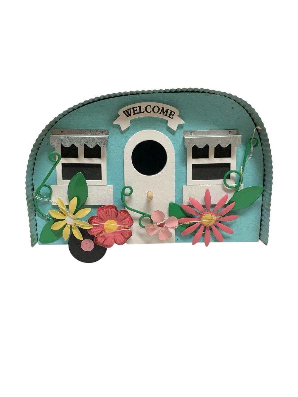 Hanging Solar Retro Caravan Bird House Colorful Wood & Metal Garden Nesting Box
